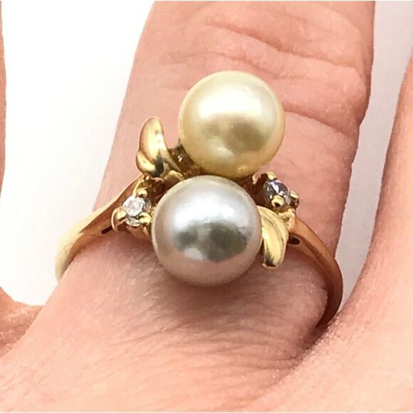 14k Solid Yellow Gold Double Pearl Diamond Accent Band Ring Size 6 - Picture 2 of 6